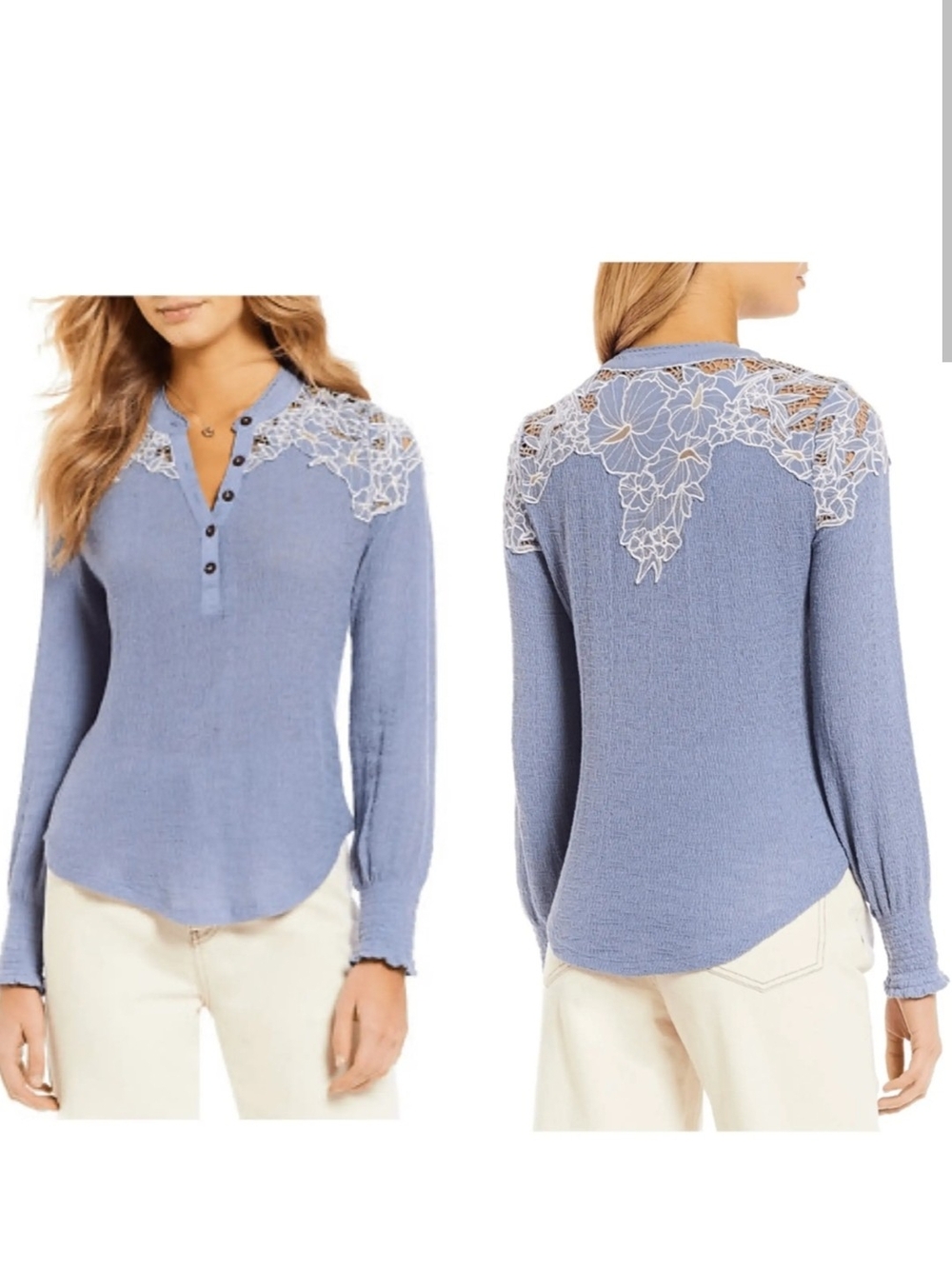 Free People Periwinkle Lace-Yoke Henley Long Sleeve Top